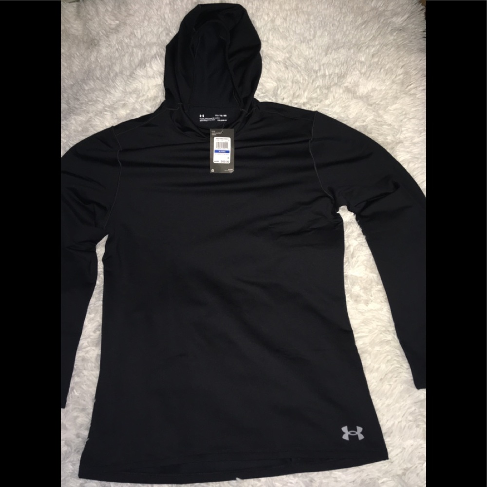 XL Under Armour Noir Black Fitted Mens Cold Gear Hoodie Anti Odor Tech sz XL